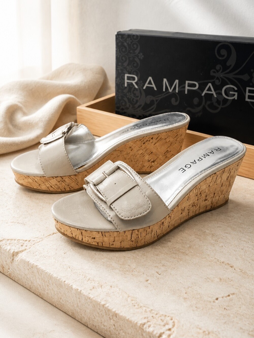 Rampage Taupe Leather Cork Wedge Slide Sandals